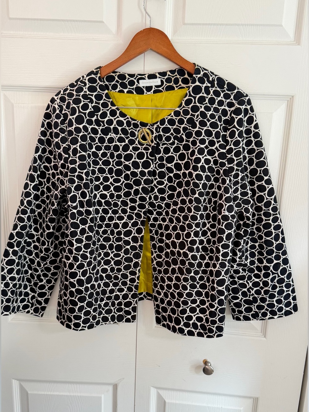 Charter Club Black White Circle Print Cotton Jacket Chartreuse 3/4 Sleeve Blazer